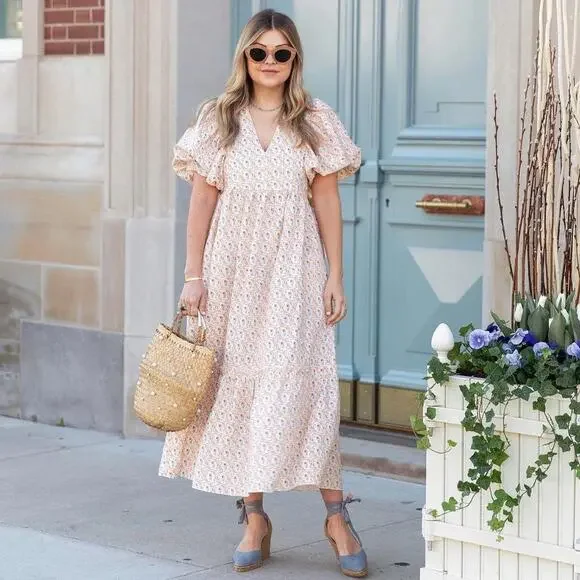 Hunter Bell Dress Palmer Floral Tulip Puff Sleeve White Orange Maxi Dress‎ Sz M - Picture 5 of 9